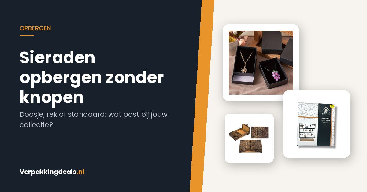 Sieradendozen, een sieradenrek en een sieradendoosje naast elkaar