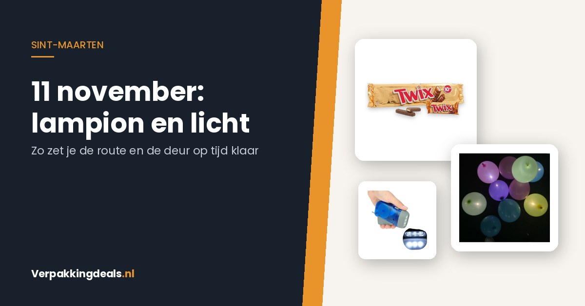 Header met chocolademultipack, LED-ballonnen en een zaklamp voor Sint-Maarten op 11 november