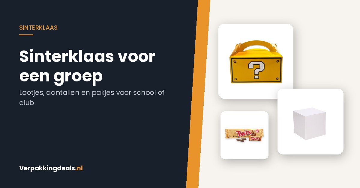 Traktatiedoos met handvat, witte kubus cadeaudoos en een multipack chocoladerepen voor een Sinterklaasviering met een groep