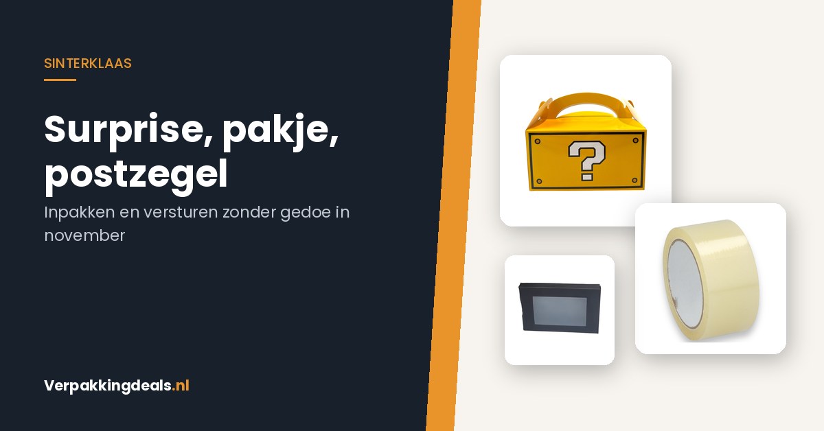 Cadeaudoosjes, een traktatiedoos met handvat en een rol verpakkingstape voor Sinterklaascadeaus