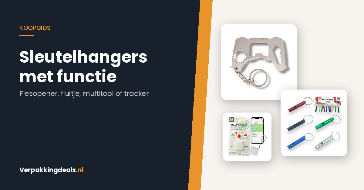 Multitool-sleutelhanger, fluitjes en een bluetooth sleuteltracker naast de tekst Sleutelhangers met functie
