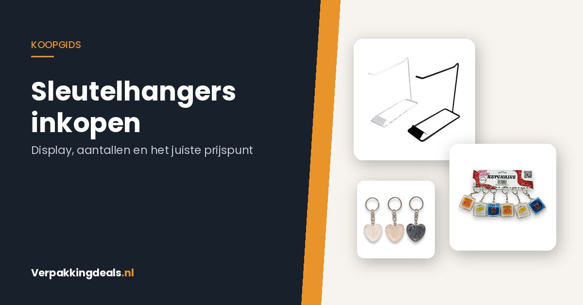 Metalen displayhouder, een display met tien sleutelhangers en stenen hartjes-sleutelhangers naast de titel Sleutelhangers inkopen