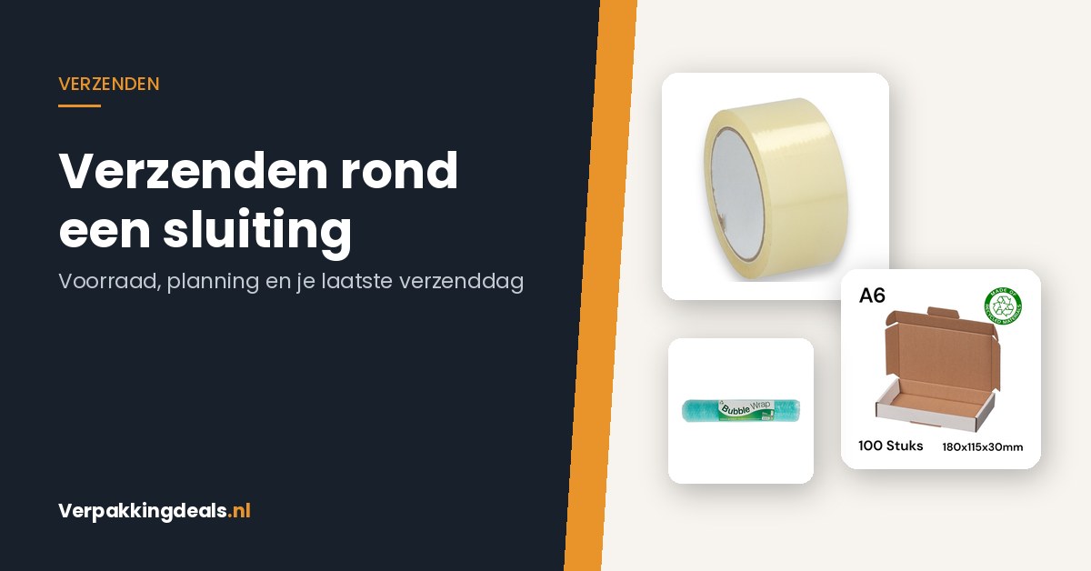 Verpakkingstape, gerecyclede brievenbusdozen en een rol noppenfolie voor verzending rond een sluiting