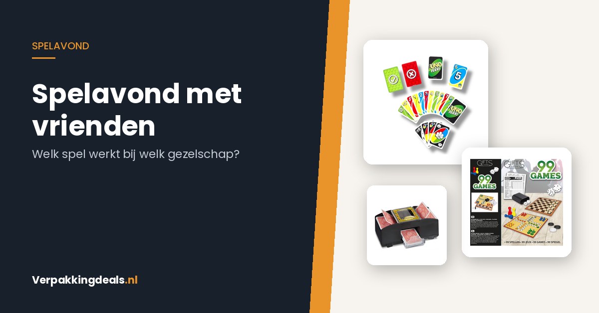Kaartspel, spellenset en kaartenschudder naast de titel Spelavond met vrienden