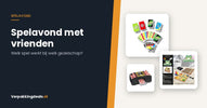 Kaartspel, spellenset en kaartenschudder naast de titel Spelavond met vrienden