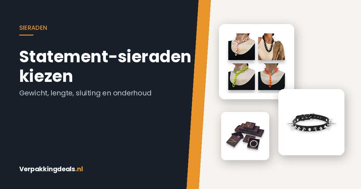 Kettingen, een choker en een sieradendoos naast de titel Statement-sieraden kiezen