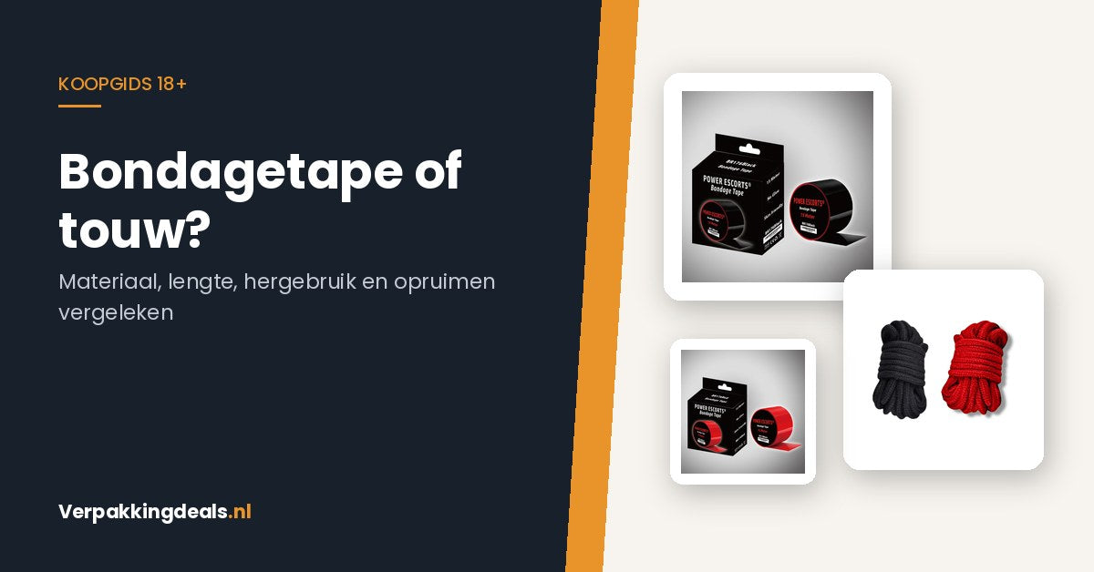 Verpakte bondagetape in zwart en rood naast bundels katoenen bondagetouw