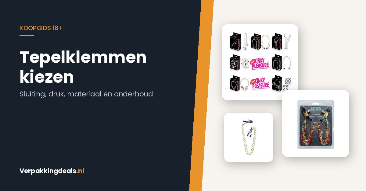 Set metalen tepelklemmen in een doos en twee losse modellen met ketting