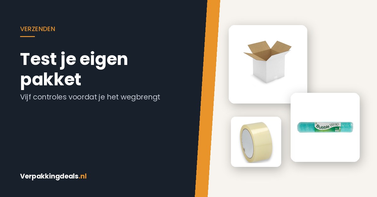 Kartonnen verzenddoos, noppenfolie en verpakkingstape naast de titel Test je eigen pakket