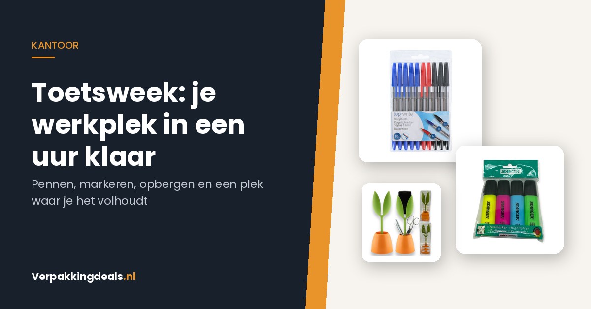 Balpennen, markeerstiften en een bureau organizer voor een werkplek in de toetsweek