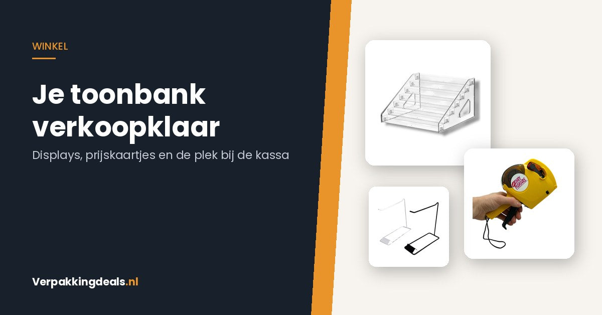 Acryl trapdisplay, prijstang met prijsstickers en metalen displayhouder voor een winkeltoonbank