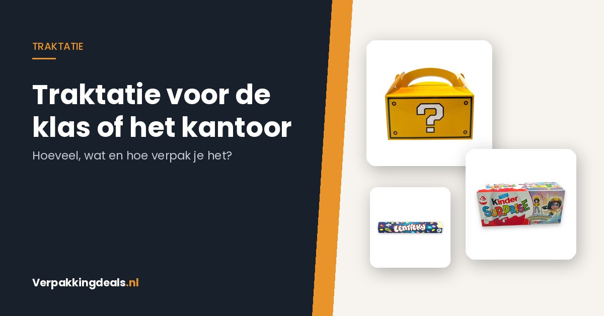 Traktatiedoosje met handvat en snoep naast de titel Traktatie voor de klas of het kantoor