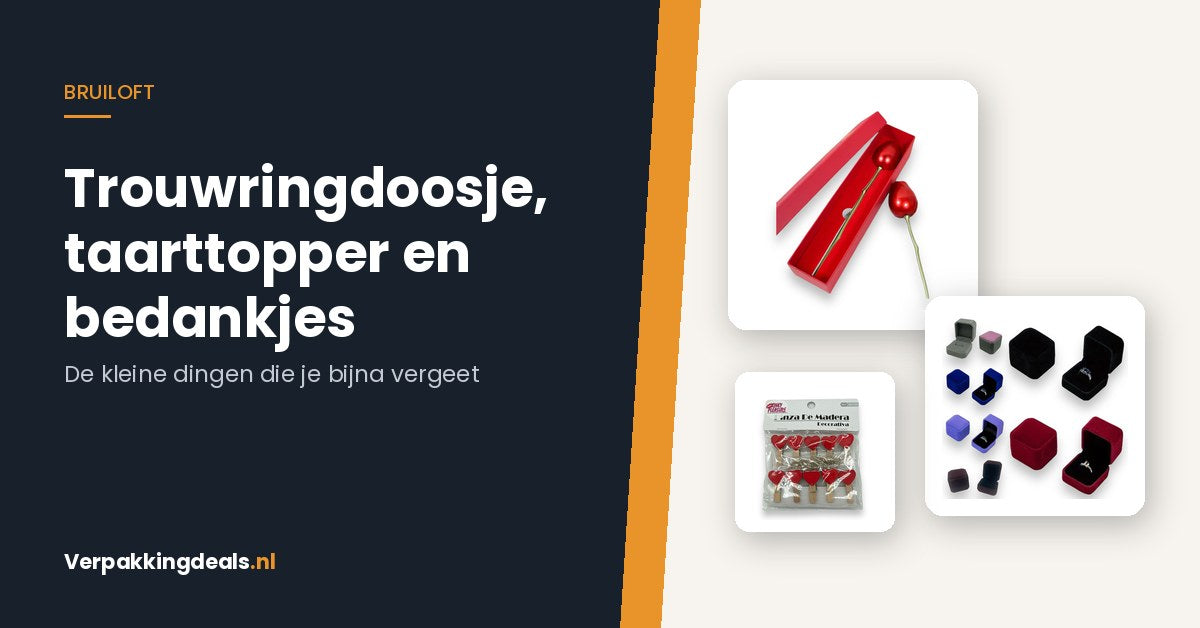 Trouwringdoosjes en houten hartklemmen naast de titel Trouwringdoosje, taarttopper en bedankjes