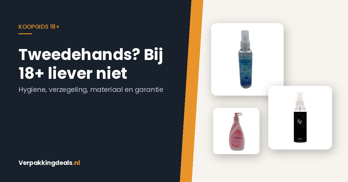 Flacons toycleaner en intieme wasgel bij een artikel over tweedehands 18-plus artikelen