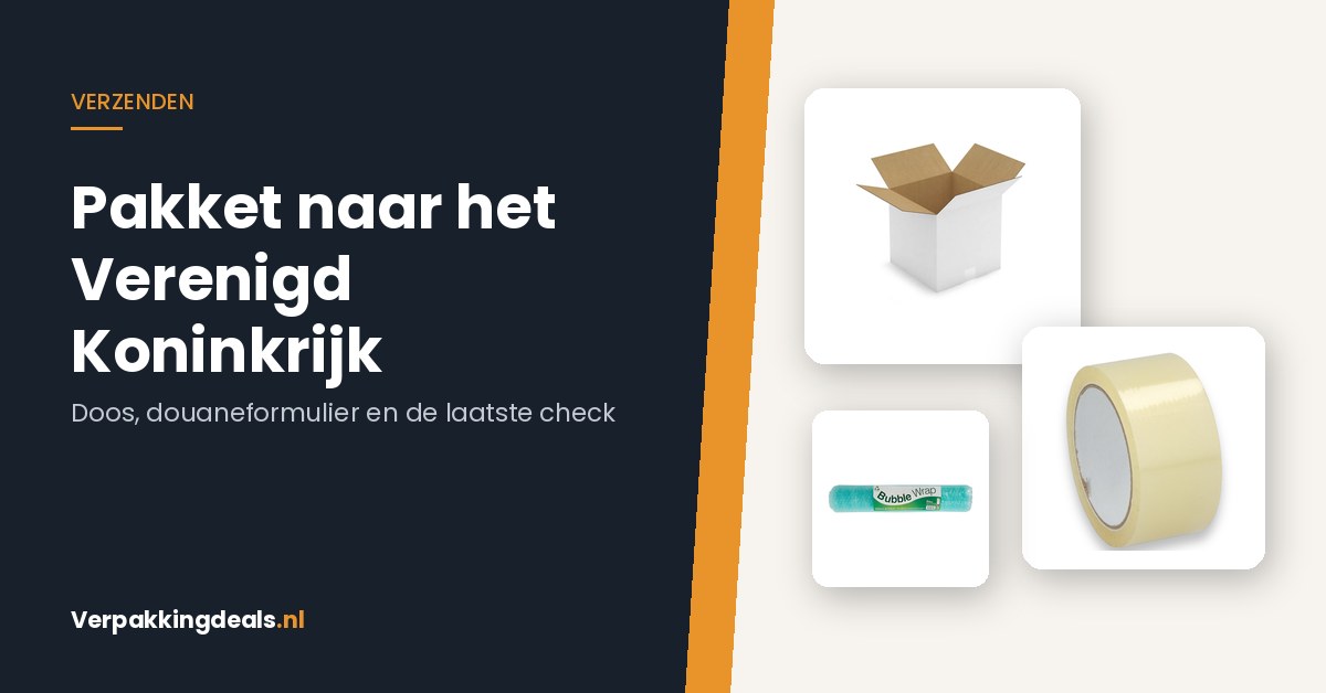 Verzenddoos, verpakkingstape en noppenfolie voor een pakket naar het Verenigd Koninkrijk