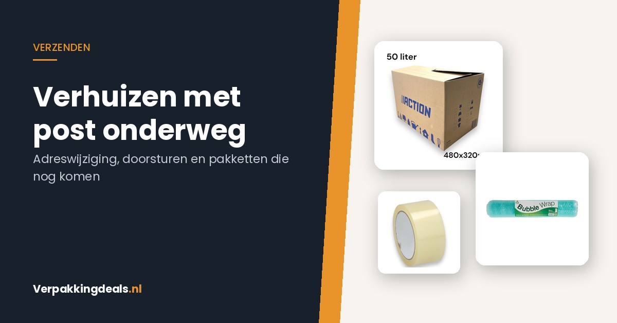 Verhuisdoos, rol noppenfolie en verpakkingstape naast elkaar als illustratie bij verhuizen en post