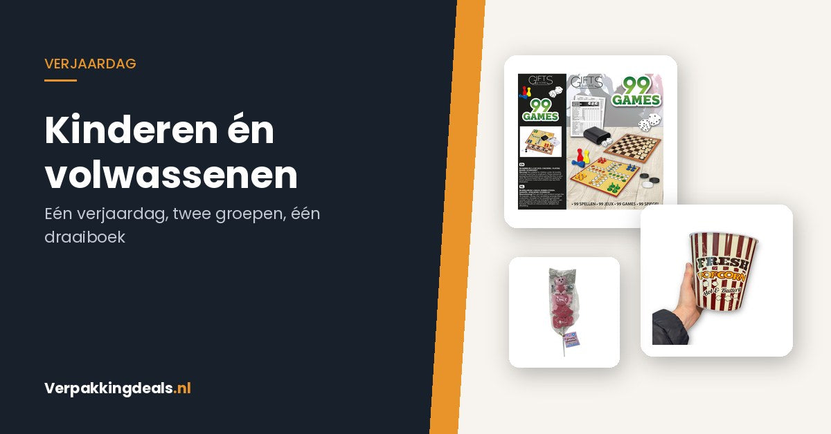 Spelletjesset, popcornbak en marshmallow lolly bij de titel Kinderen en volwassenen op een verjaardag