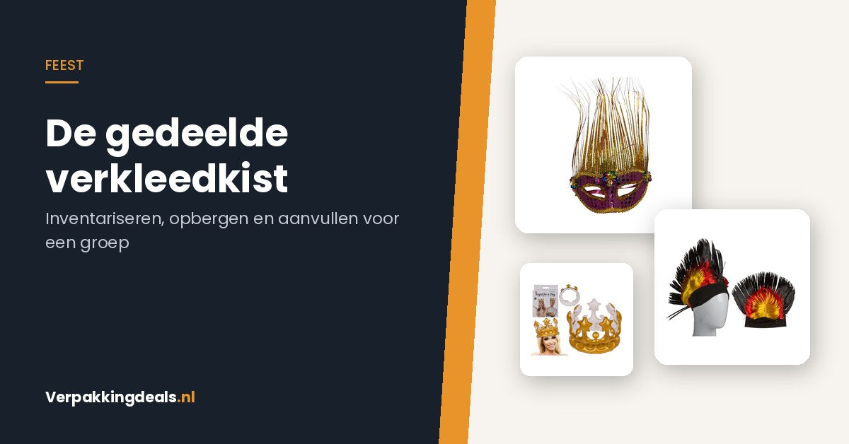 Venetiaans masker, pruik en opblaasbare kroon uit een gedeelde verkleedkist