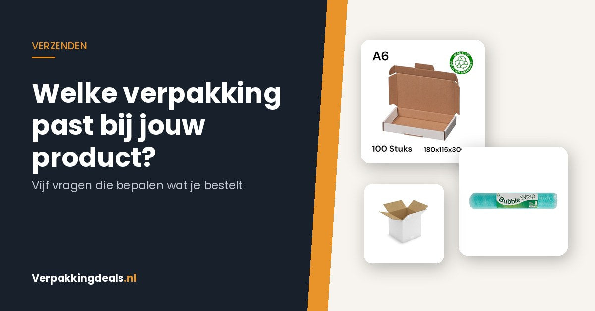 Brievenbusdoos, rol noppenfolie en kartonnen verzenddoos naast de titel Welke verpakking past bij jouw product