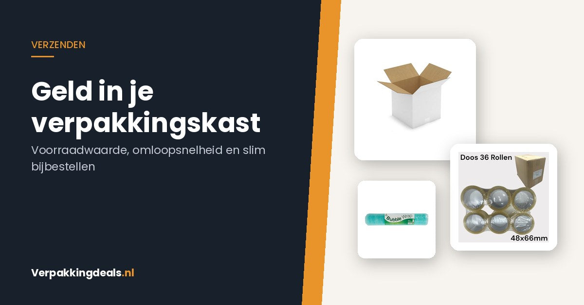 Kartonnen verzenddoos, doos met taperollen en rol noppenfolie bij een artikel over voorraadwaarde van verpakkingsmateriaal