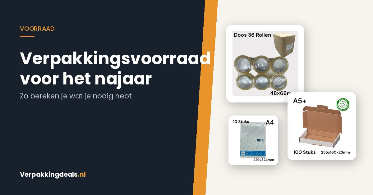 Doos verpakkingstape, brievenbusdoos en enveloppen naast de titel Verpakkingsvoorraad voor het najaar