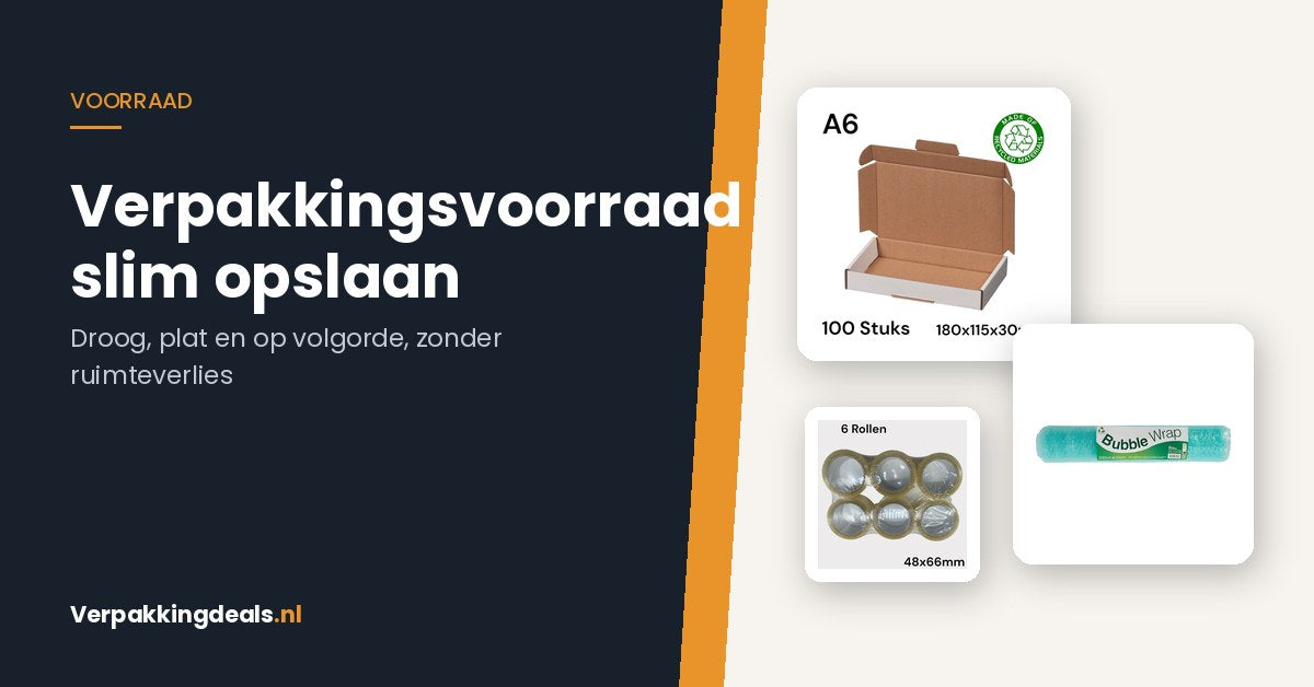 Brievenbusdozen, noppenfolie en rollen verpakkingstape als voorraad voor een webshop