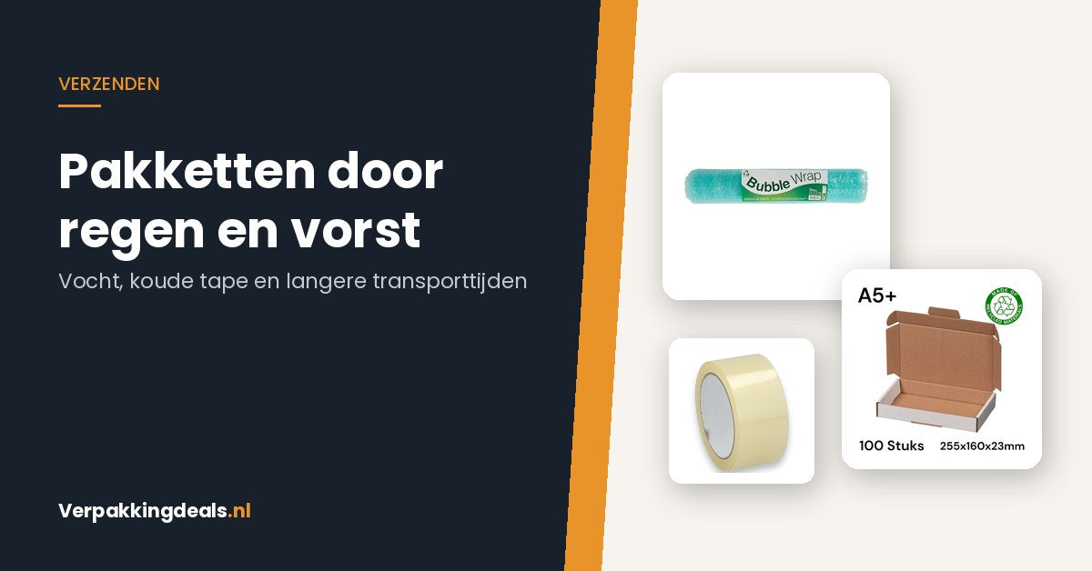 Noppenfolie, verpakkingstape en een gerecyclede brievenbusdoos naast elkaar, voor verzenden bij regen en vorst