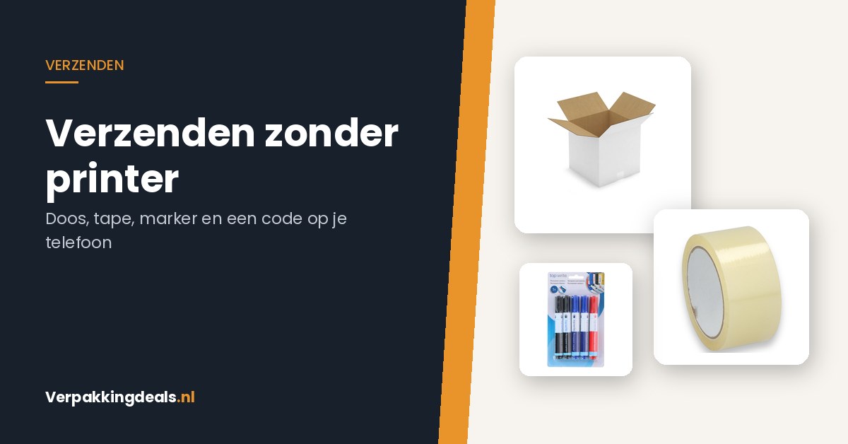 Witte verzenddoos, rol verpakkingstape en permanente markers naast de titel Verzenden zonder printer
