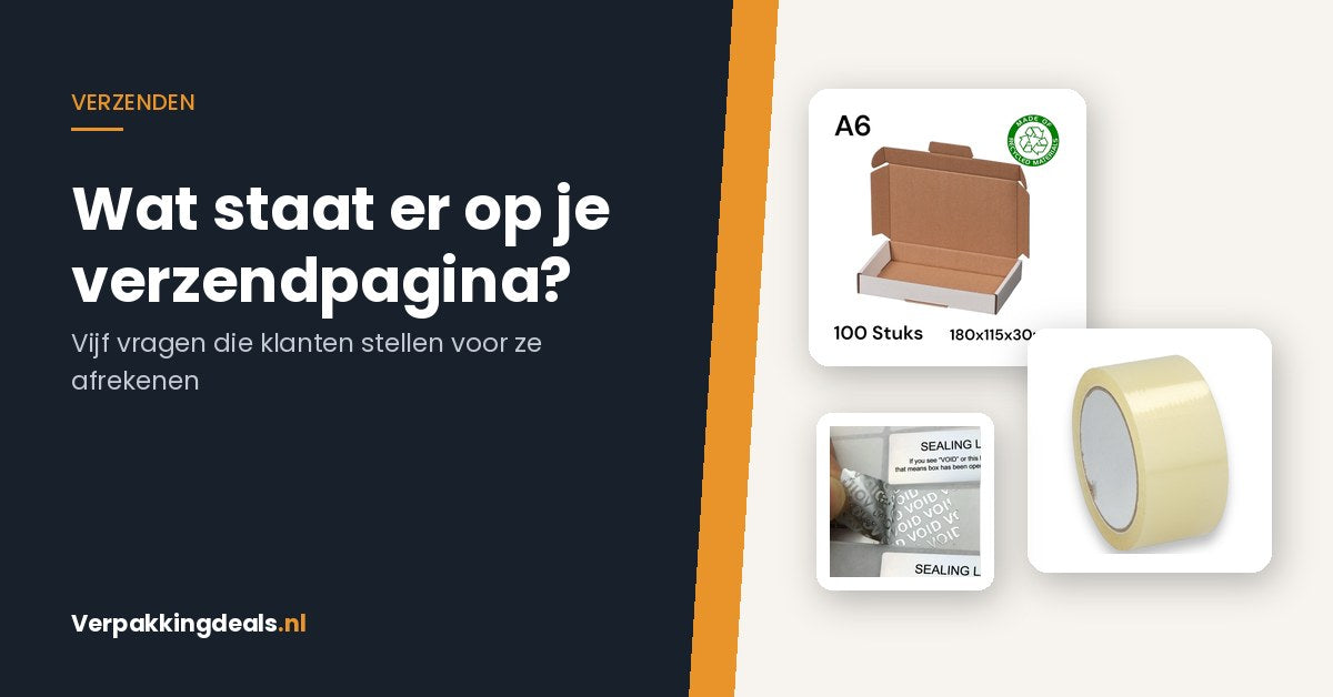 Brievenbusdoos, verpakkingstape en VOID-veiligheidszegels naast de titel Wat staat er op je verzendpagina