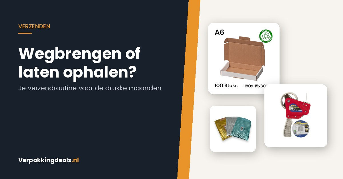 Brievenbusdoos, tapedispenser en bubbeltjesenveloppen bij de titel Wegbrengen of laten ophalen