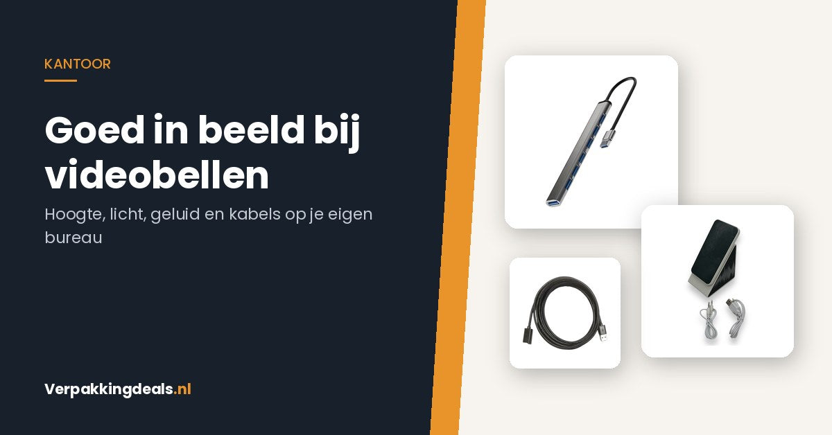 USB-hub, verlengkabel en speaker voor een werkplek die klaar is voor videobellen