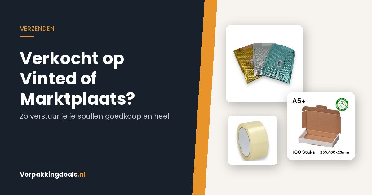 Bubbelenveloppen, brievenbusdoos en verpakkingstape naast de titel Verkocht op Vinted of Marktplaats