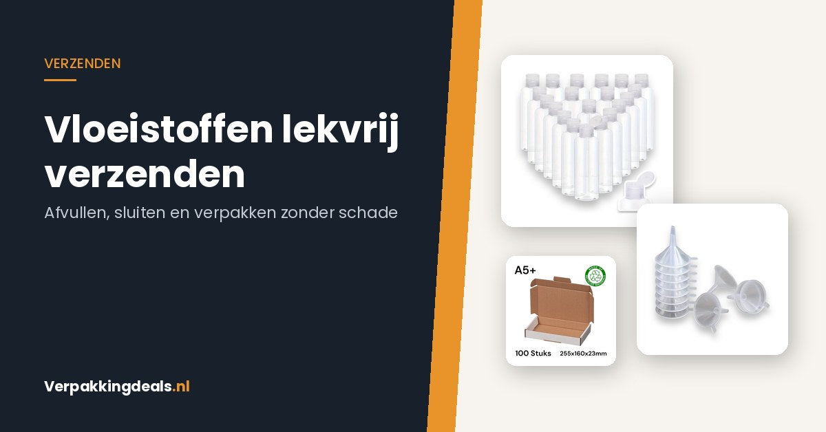 Lege flesjes, mini trechters en een brievenbusdoos naast de tekst Vloeistoffen lekvrij verzenden
