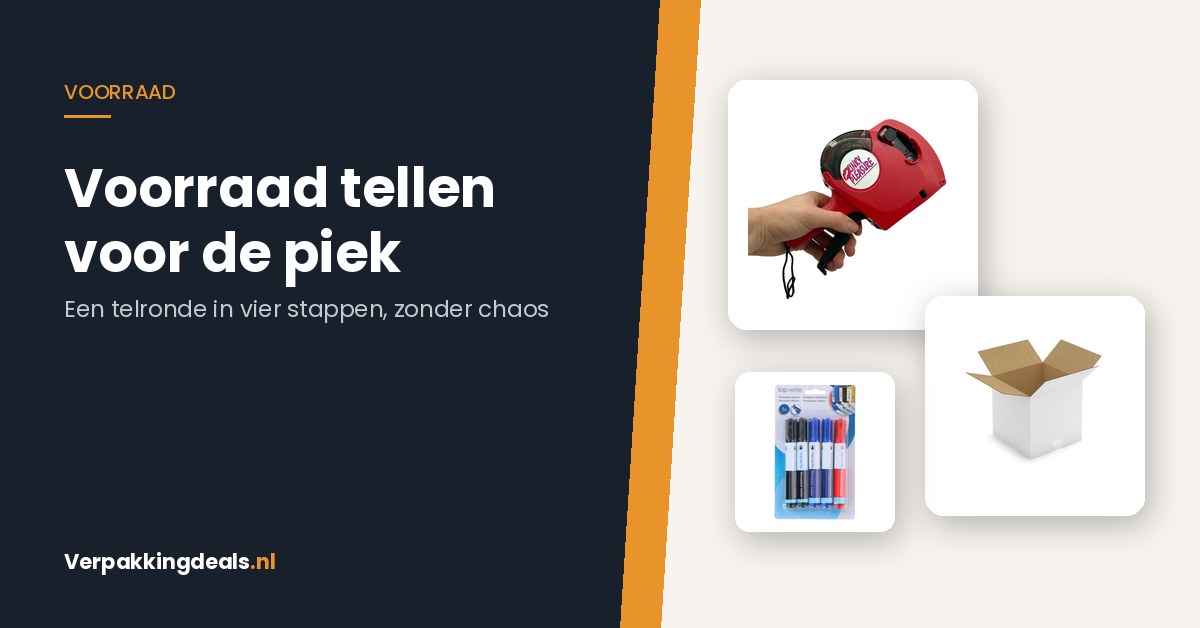 Prijstang, witte verzenddoos en permanente markers voor een voorraadtelling