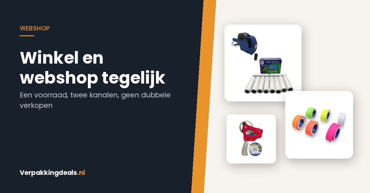 Prijstang, gekleurde prijsstickers en tapedispenser naast de tekst Winkel en webshop tegelijk