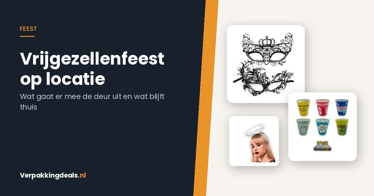Venetiaans masker, shotglaasjes en een tiara bij de titel Vrijgezellenfeest op locatie