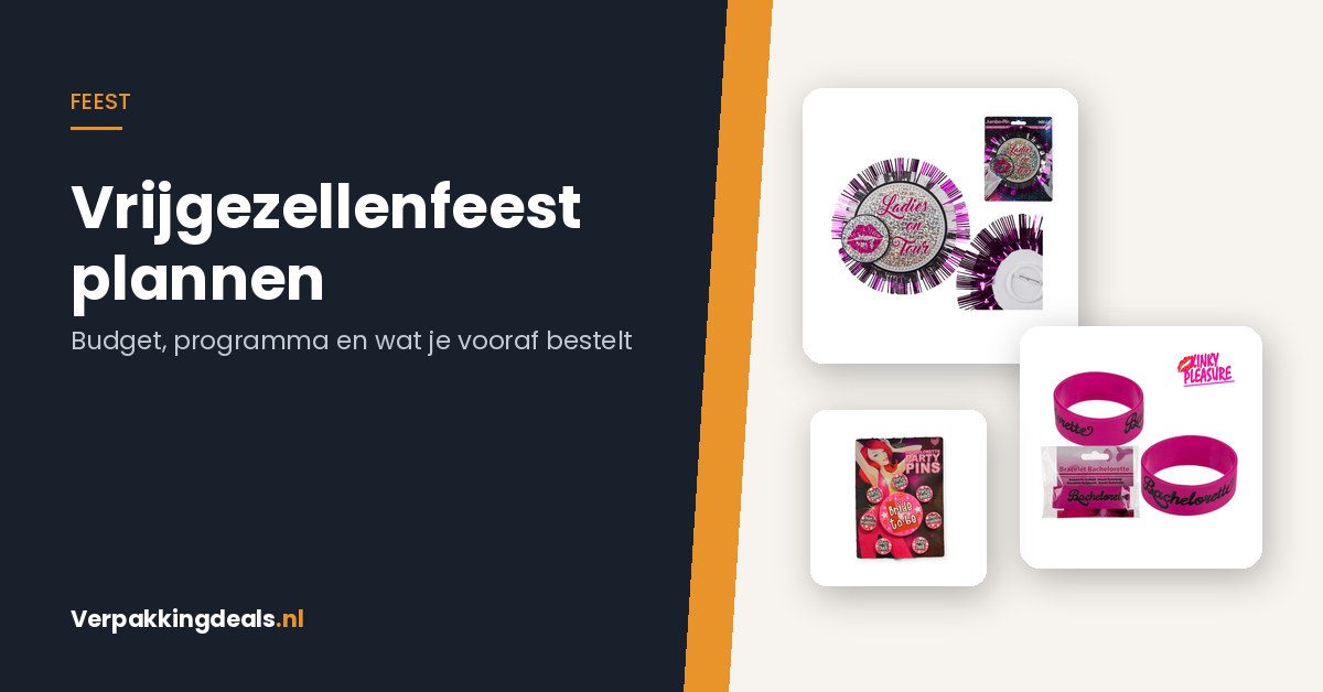 Vrijgezellenfeest buttons en armbanden naast de titel Vrijgezellenfeest plannen