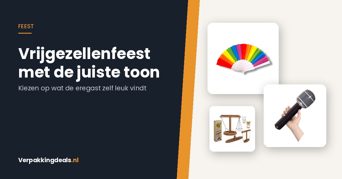 Feestartikelen voor een vrijgezellenfeest: waaier, opblaasbare microfoon en een ringwerpspel