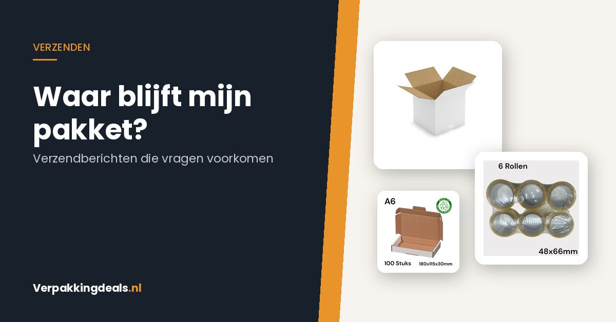Witte verzenddoos, rollen verpakkingstape en een gerecyclede brievenbusdoos naast de titel Waar blijft mijn pakket