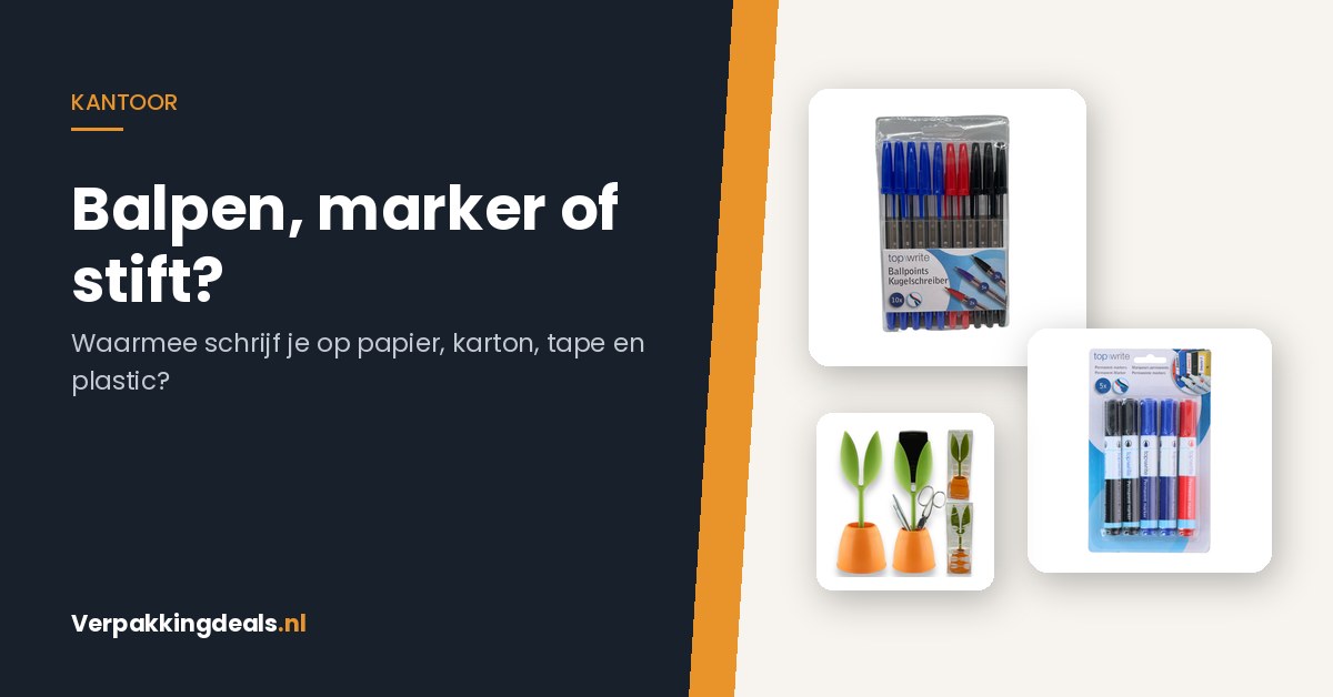 Balpennen, permanente markeerstiften en een bureau organizer naast elkaar