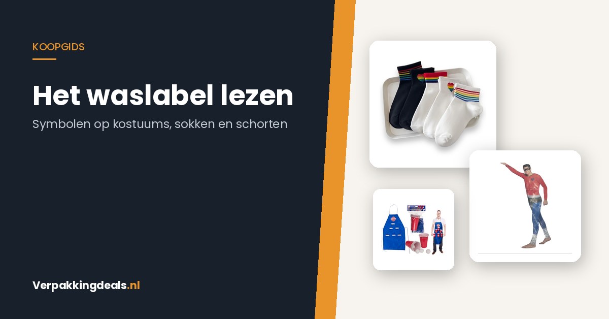 Sokken, een verkleedkostuum en een keukenschort bij de titel 'Het waslabel lezen'