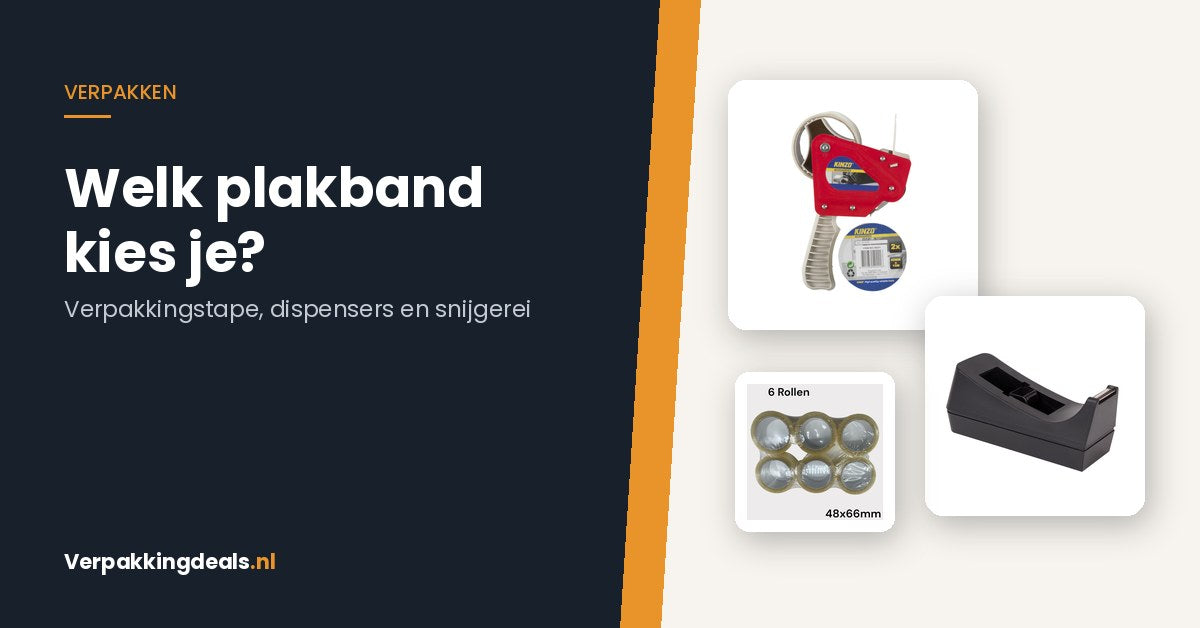 Tapedispensers en rollen verpakkingstape naast de titel Welk plakband kies je