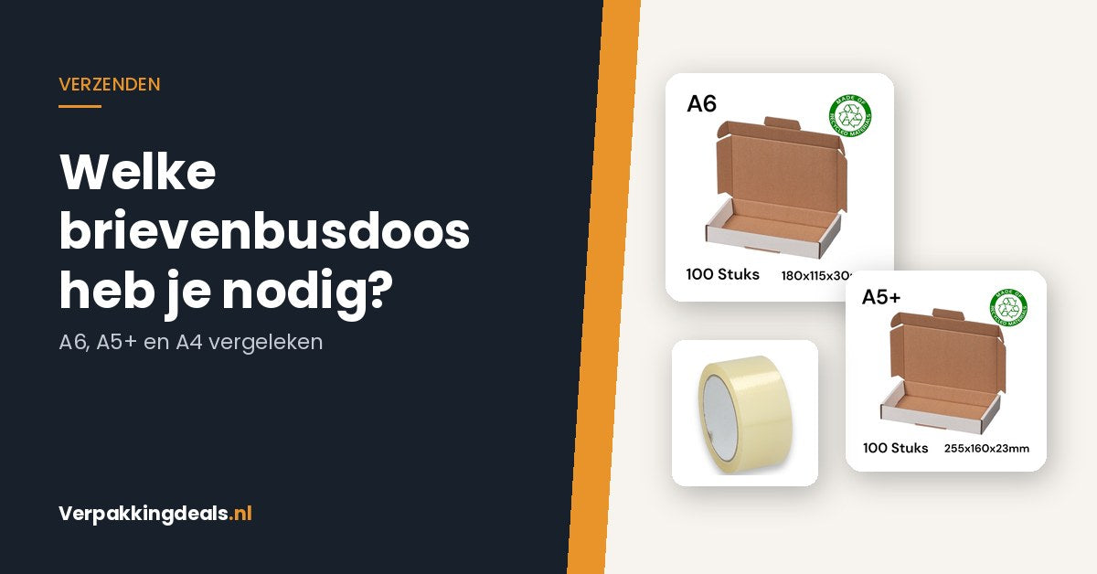 Gerecyclede brievenbusdozen A6 en A5+ met verpakkingstape van Verpakkingdeals.nl