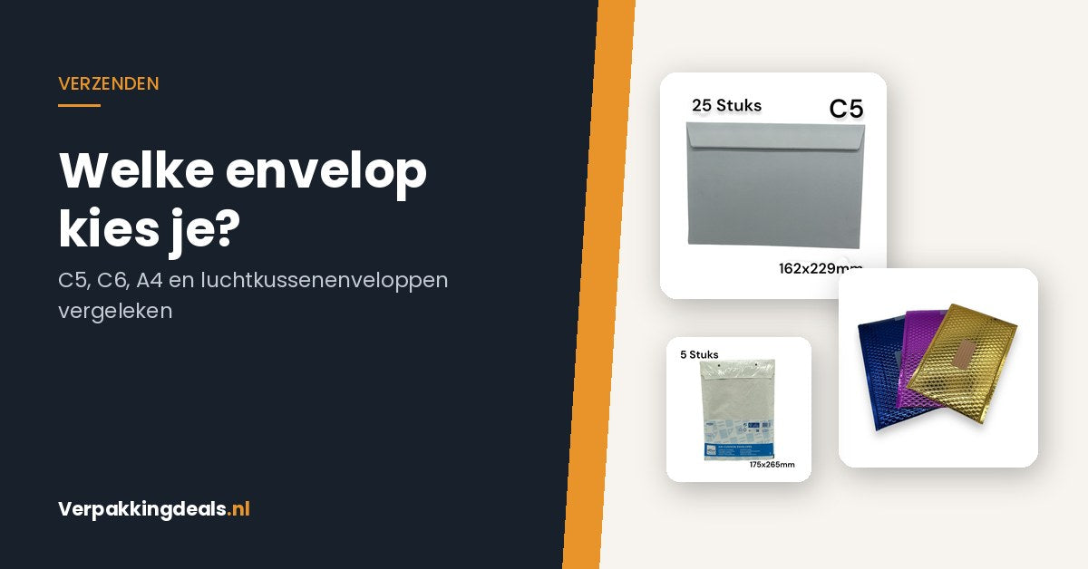 Witte C5-envelop, metallic bubbelenvelop en luchtkussenenvelop naast elkaar
