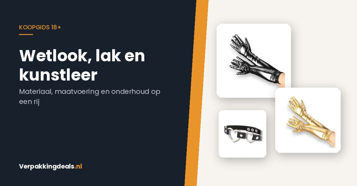 Wetlook handschoenen en leren choker als voorbeelden van glanzende materialen