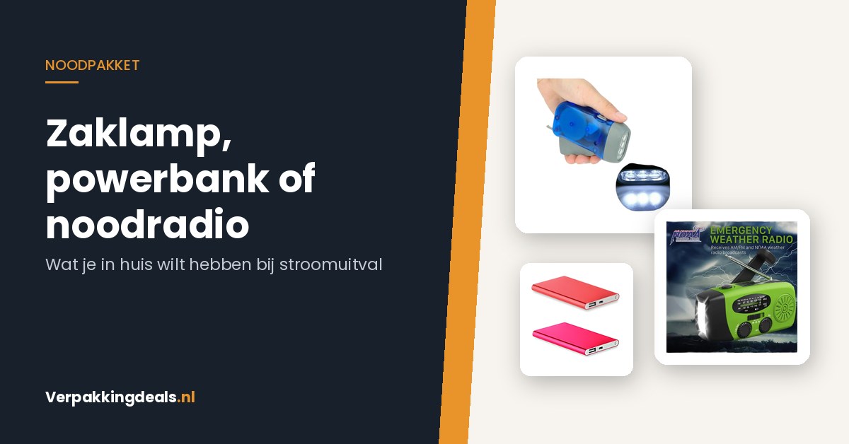 Zaklamp met zwengel, noodradio en powerbank naast de titel Zaklamp, powerbank of noodradio