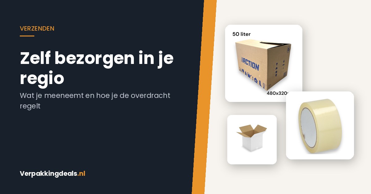 Verhuisdoos, verpakkingstape en een kartonnen verzenddoos voor het zelf bezorgen van bestellingen in de eigen regio