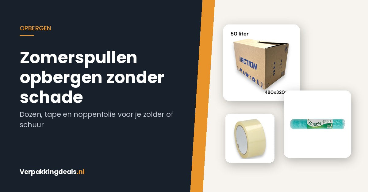 Verhuisdoos, noppenfolie en verpakkingstape voor het opbergen van zomerspullen
