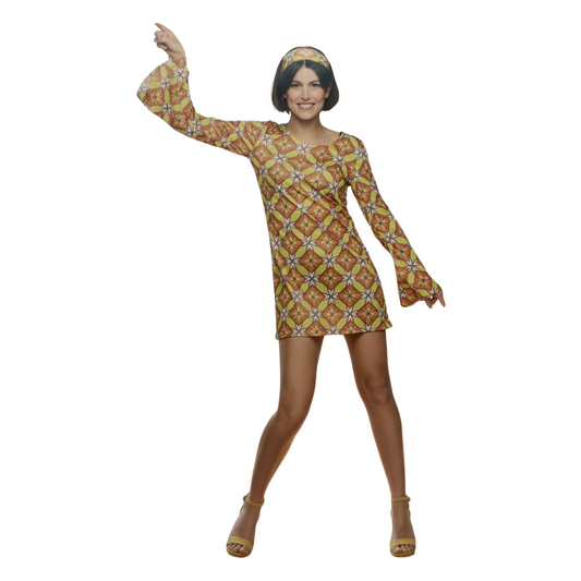 Hippy Jurk Kostuum Vrouwen – Retro Verkleedjurk met Hoofdband (Maat S, M, L)