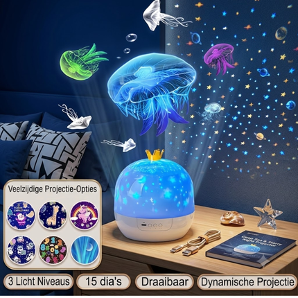 Kinder Nachtlamp Projector met 15 Dia’s – Draaibare LED Sterrenprojector met Oceaan, Dieren en Slaapkamer Projecties